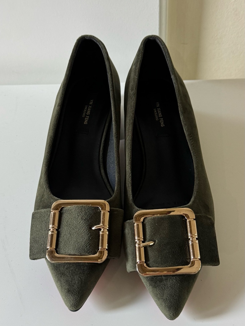Stunning Pointed Olive Green Suede Flats with Gold Buckle Size 7